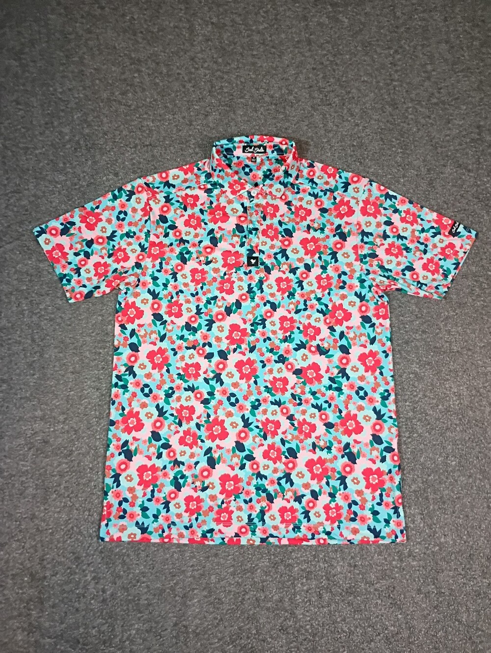 Bad Birdie USA Floral Golf Polo Men’s M Aqua Coral Stretch Performance